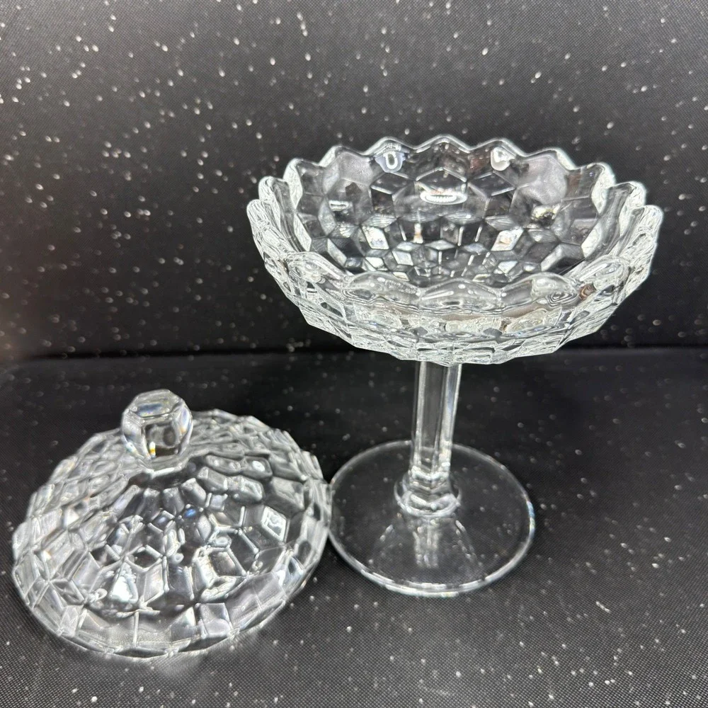 Fostoria American Clear Glass Cubist Pedestal Compote Lidded Candy Dish 9in Tall